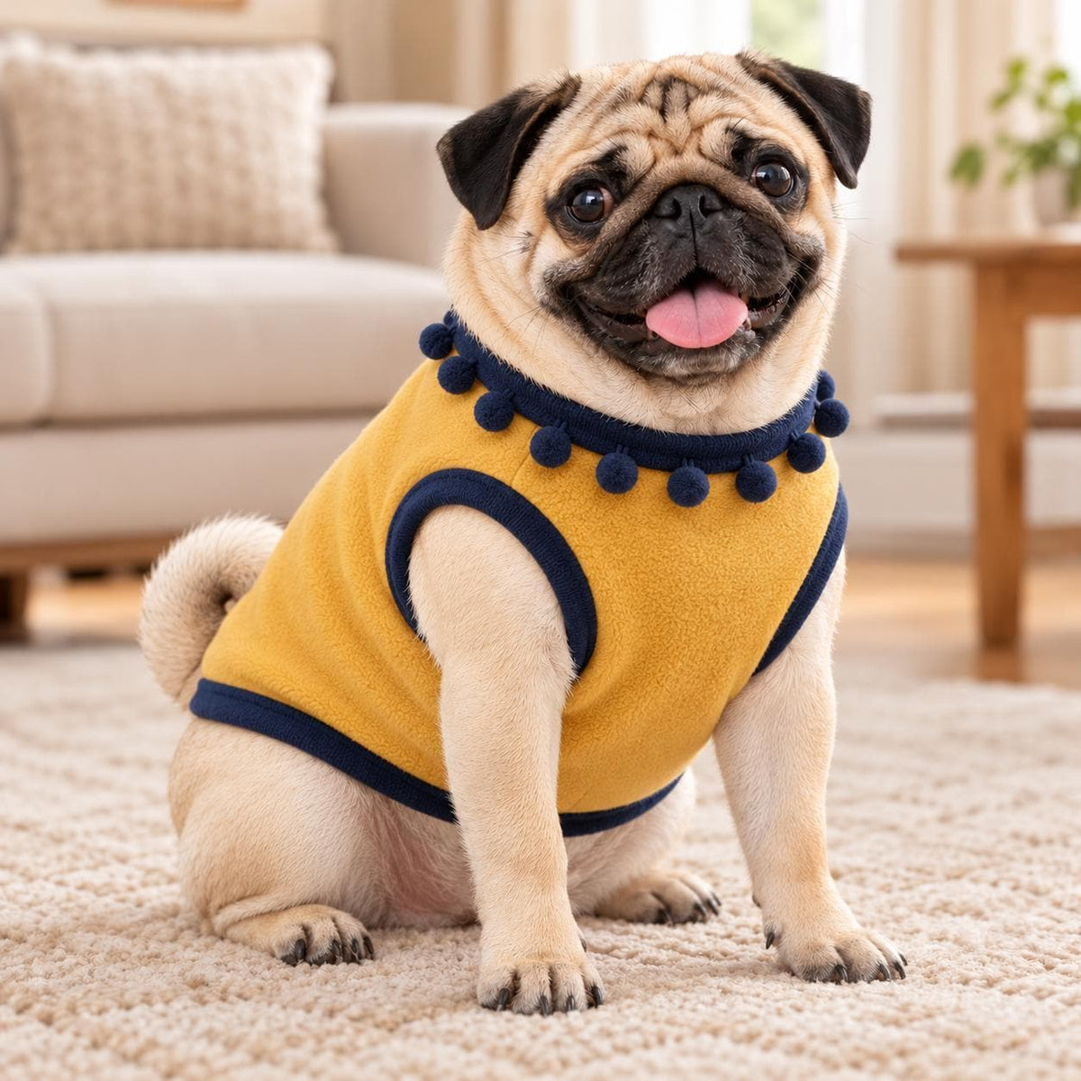 Dog Fleece Vest with Pom Pom Trim | Cosy Winter Dog Sweater for Pugs, Frenchie's Warm Dog Jumper