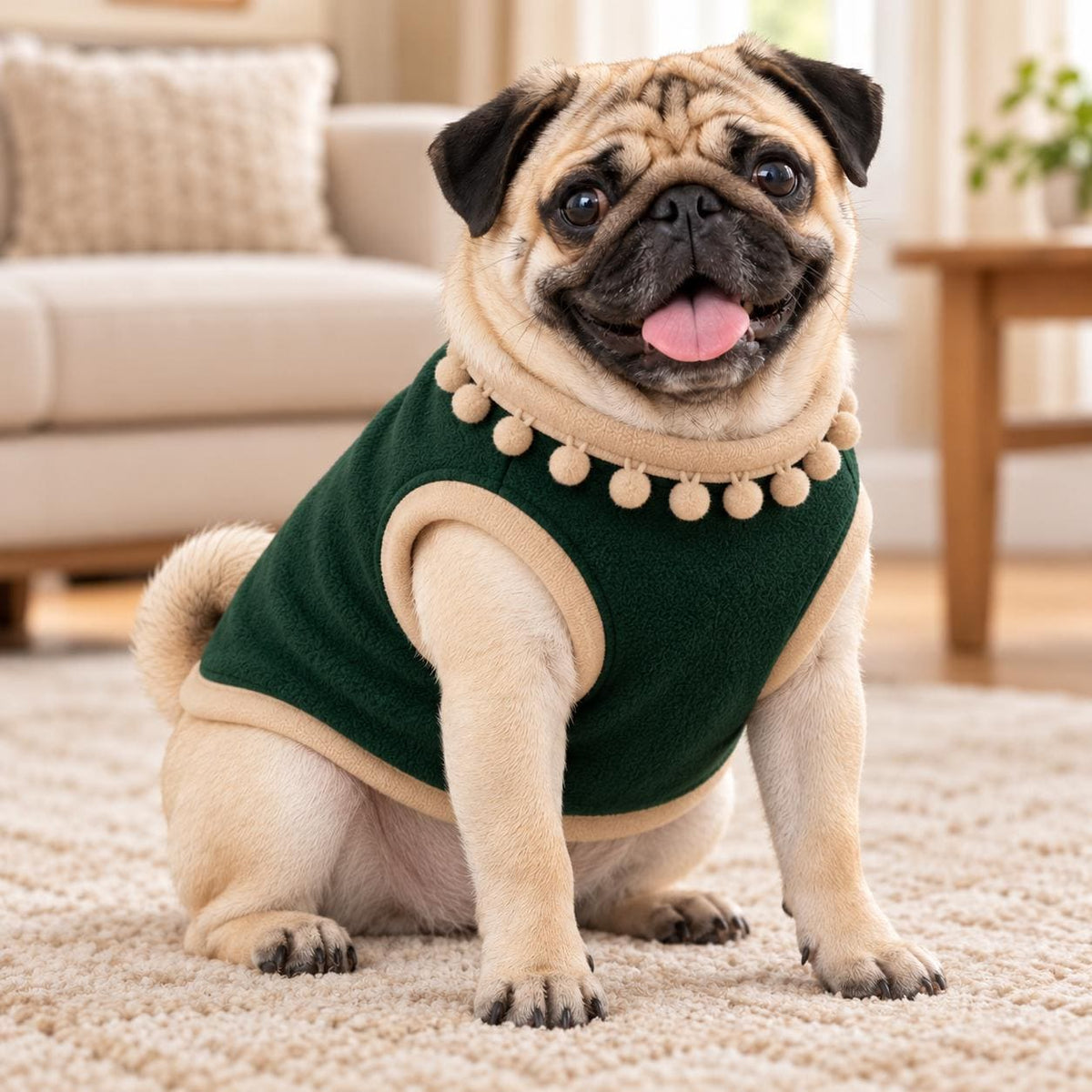 Dog Fleece Vest with Pom Pom Trim | Cosy Winter Dog Sweater for Pugs, Frenchie's Warm Dog Jumper