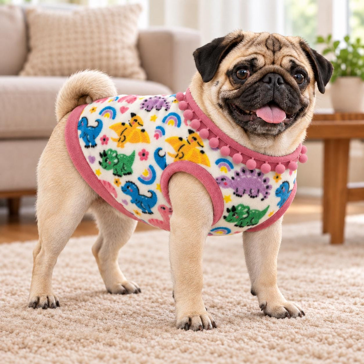 Dog Fleece Vest with Pom Pom Trim | Cosy Winter Dog Sweater for Pugs, Frenchie's Warm Dog Jumper