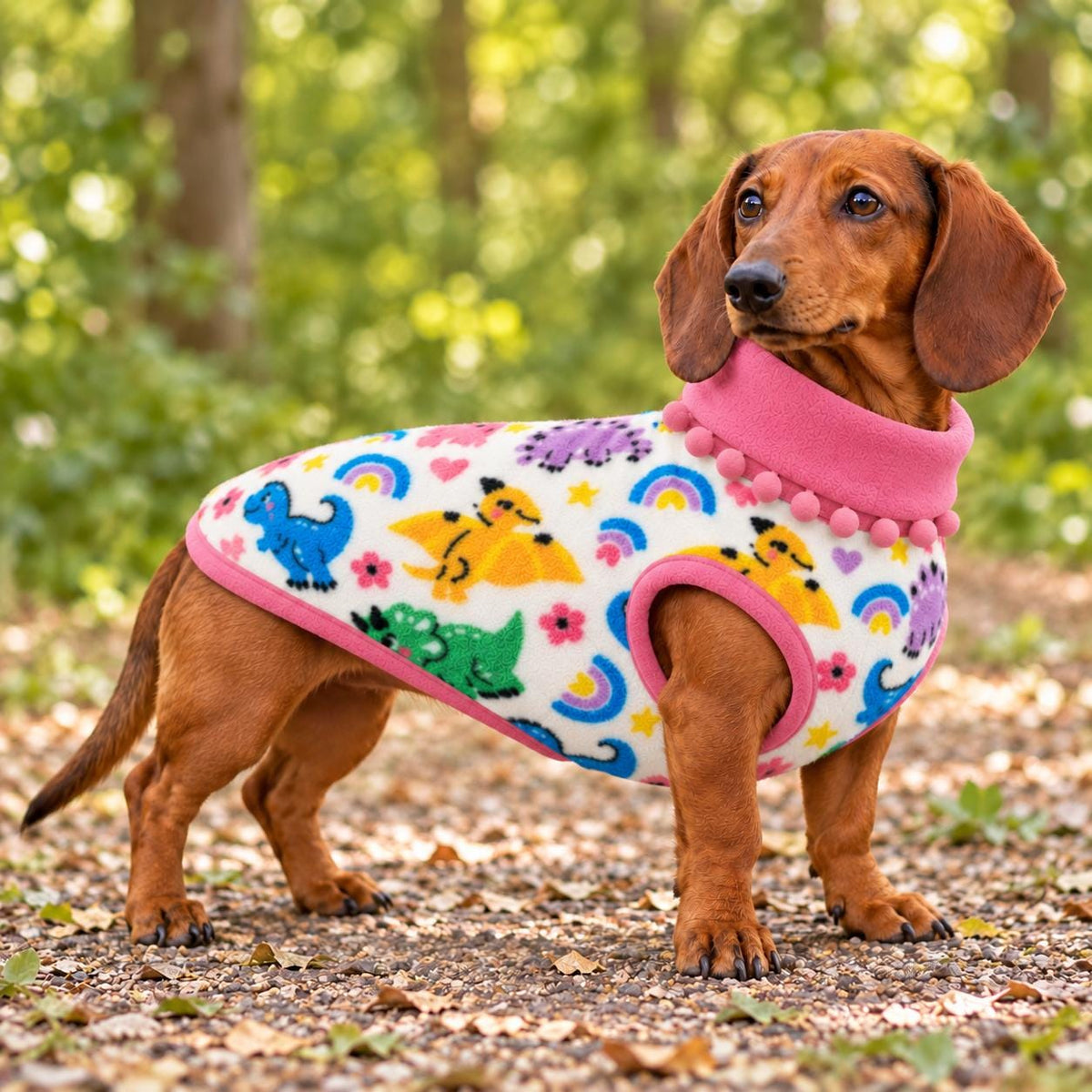 Handmade Two Tone Fleece Jumper with Pom Pom Trim For Sausage Dog, Warm Dachshund Coat, Small to Large Dog Clothing