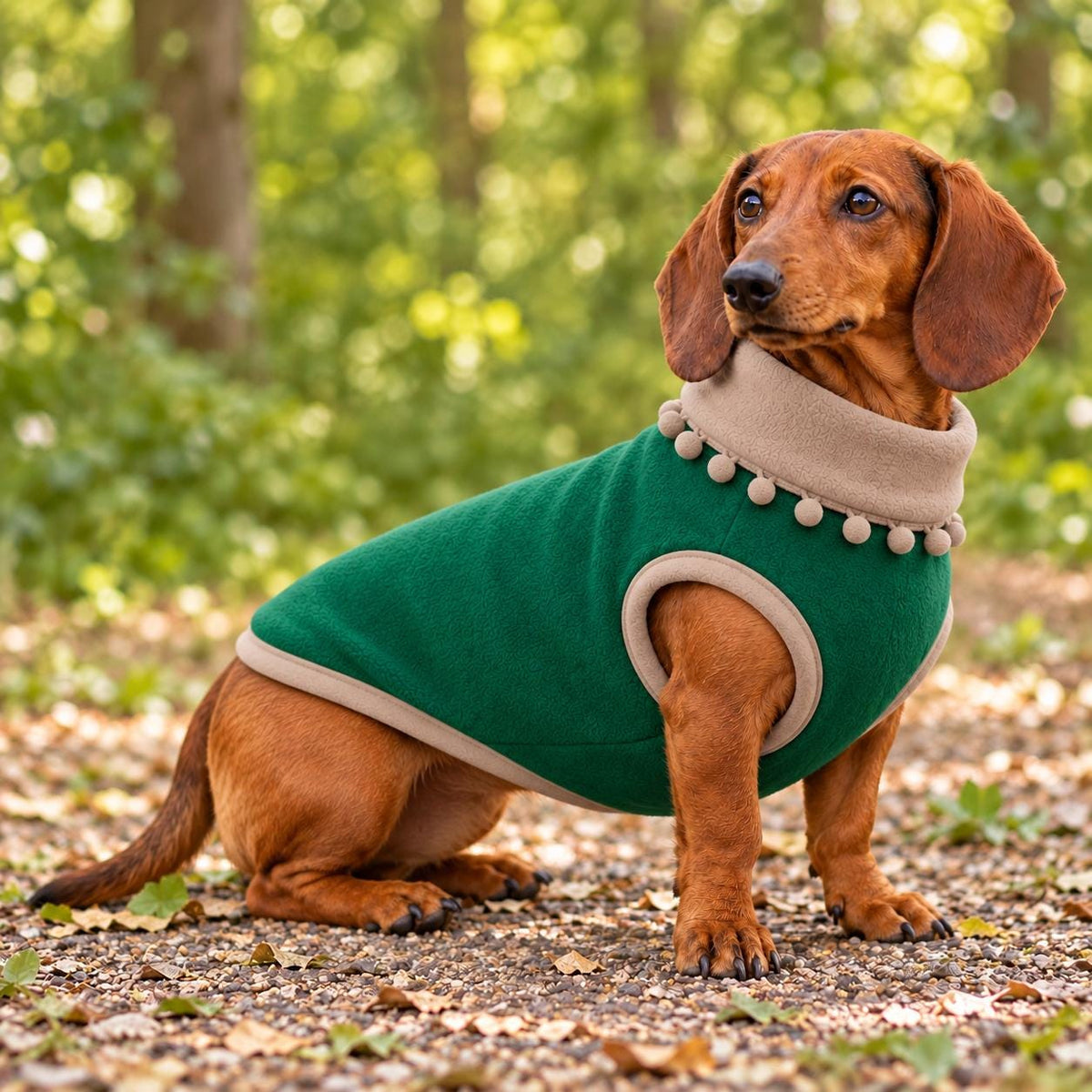 Handmade Two Tone Fleece Jumper with Pom Pom Trim For Sausage Dog, Warm Dachshund Coat, Small to Large Dog Clothing