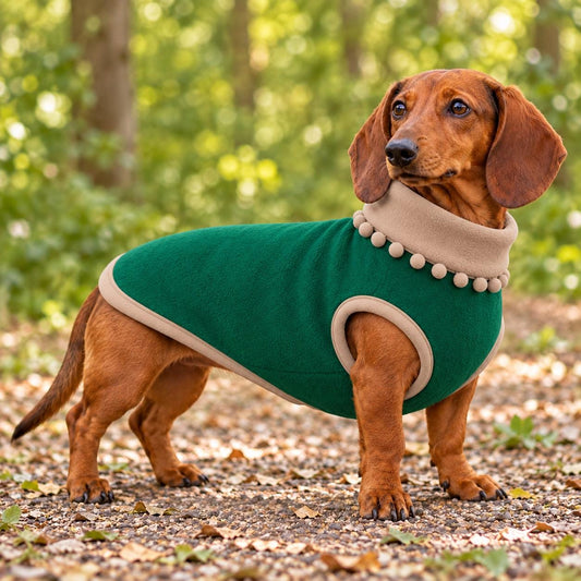 Handmade Two Tone Fleece Jumper with Pom Pom Trim For Sausage Dog, Warm Dachshund Coat, Small to Large Dog Clothing