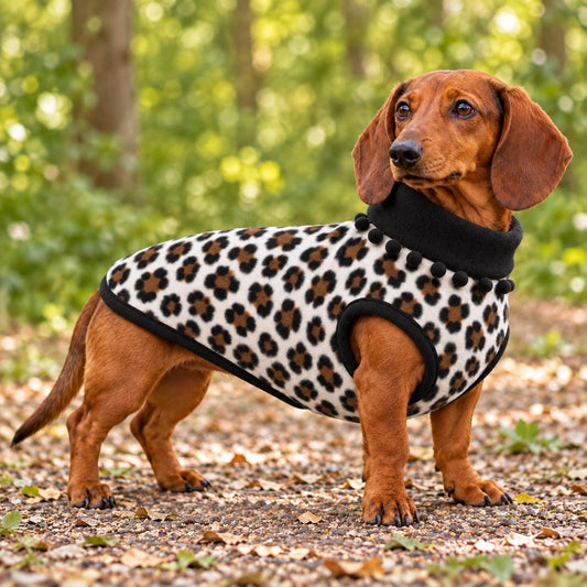 Handmade Two Tone Fleece Jumper with Pom Pom Trim For Sausage Dog, Warm Dachshund Coat, Small to Large Dog Clothing