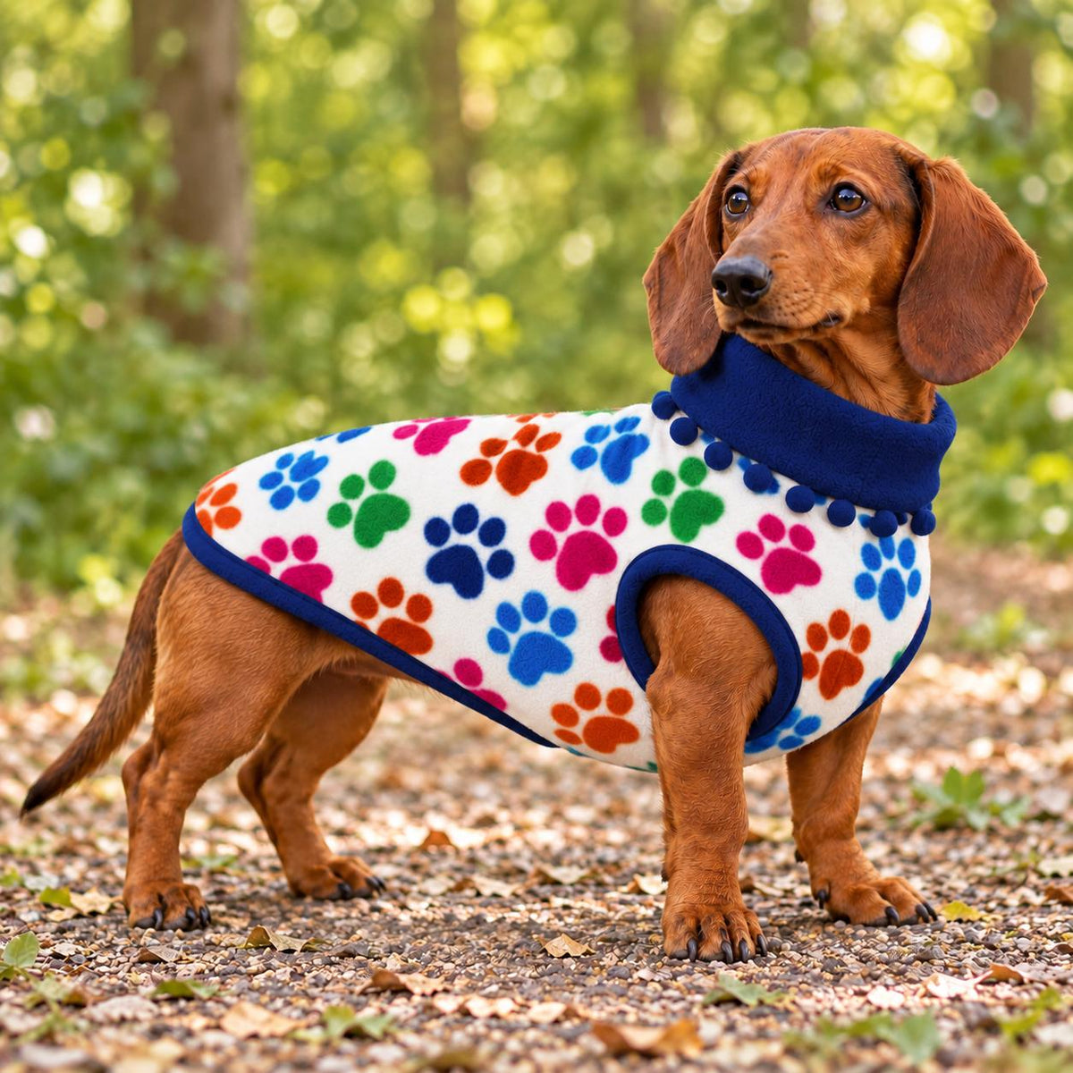 Handmade Two Tone Fleece Jumper with Pom Pom Trim For Sausage Dog, Warm Dachshund Coat, Small to Large Dog Clothing