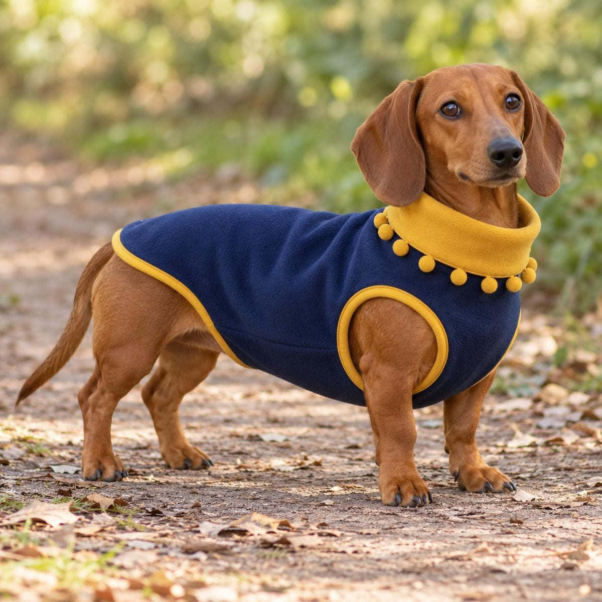 Handmade Two Tone Fleece Jumper with Pom Pom Trim For Sausage Dog, Warm Dachshund Coat, Small to Large Dog Clothing