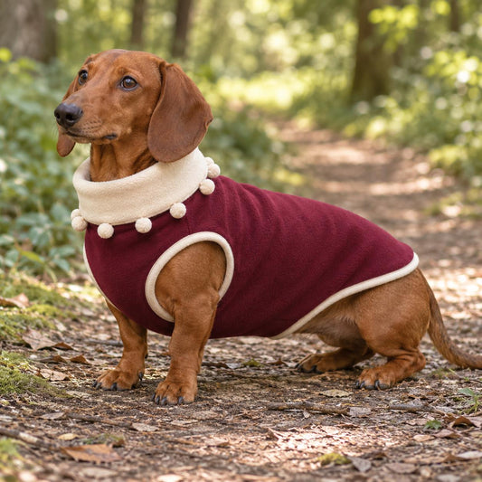 Handmade Two Tone Fleece Jumper with Pom Pom Trim For Sausage Dog, Warm Dachshund Coat, Small to Large Dog Clothing