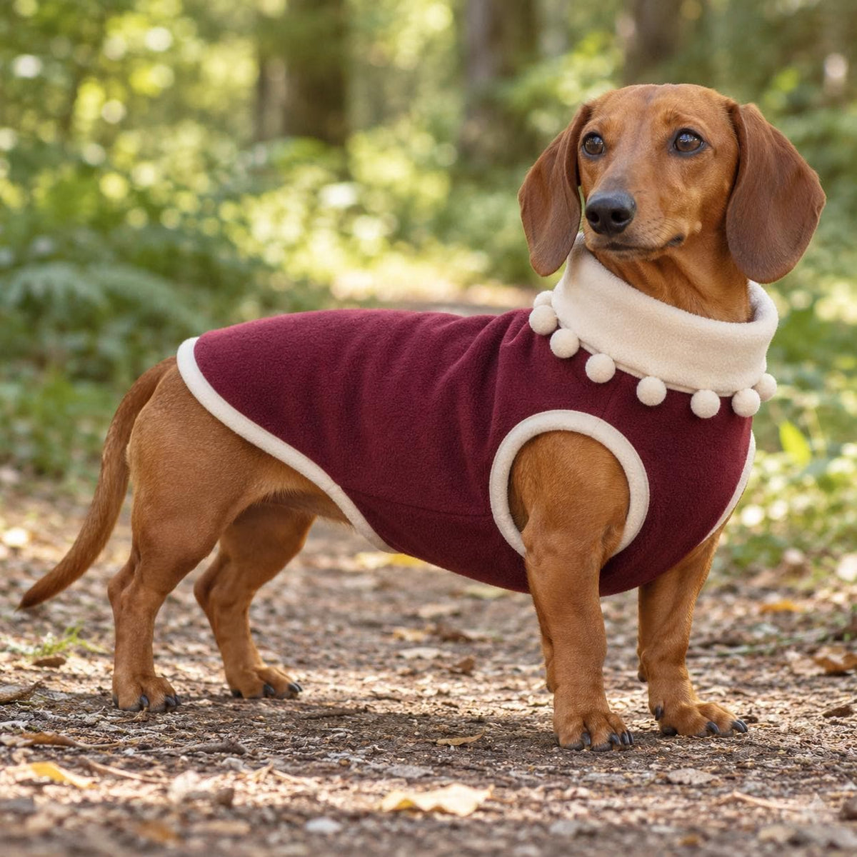 Handmade Two Tone Fleece Jumper with Pom Pom Trim For Sausage Dog, Warm Dachshund Coat, Small to Large Dog Clothing