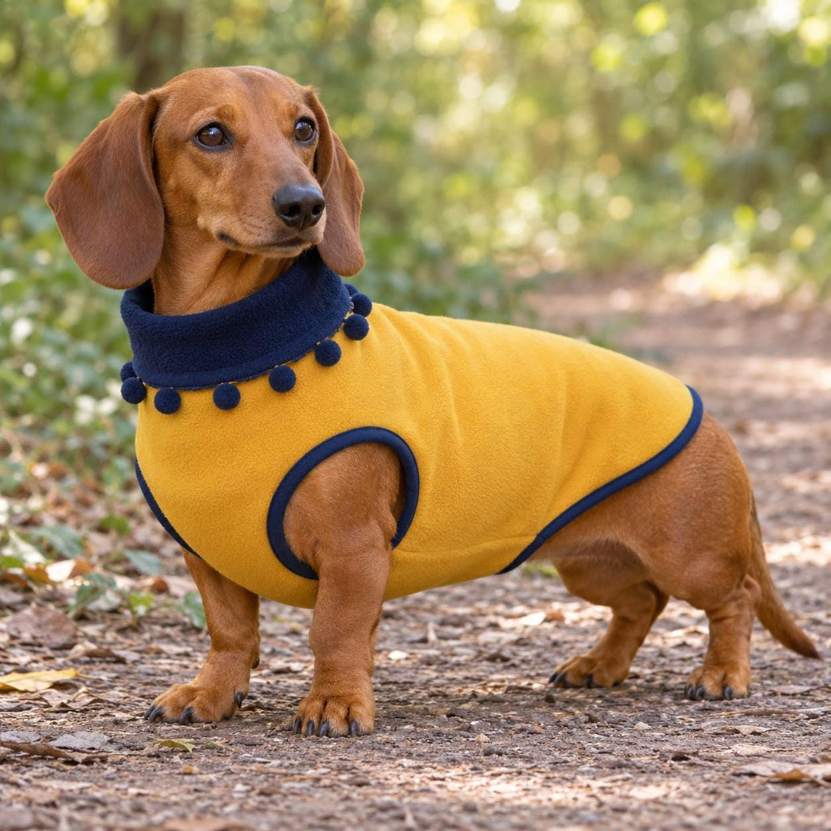 Handmade Two Tone Fleece Jumper with Pom Pom Trim For Sausage Dog, Warm Dachshund Coat, Small to Large Dog Clothing
