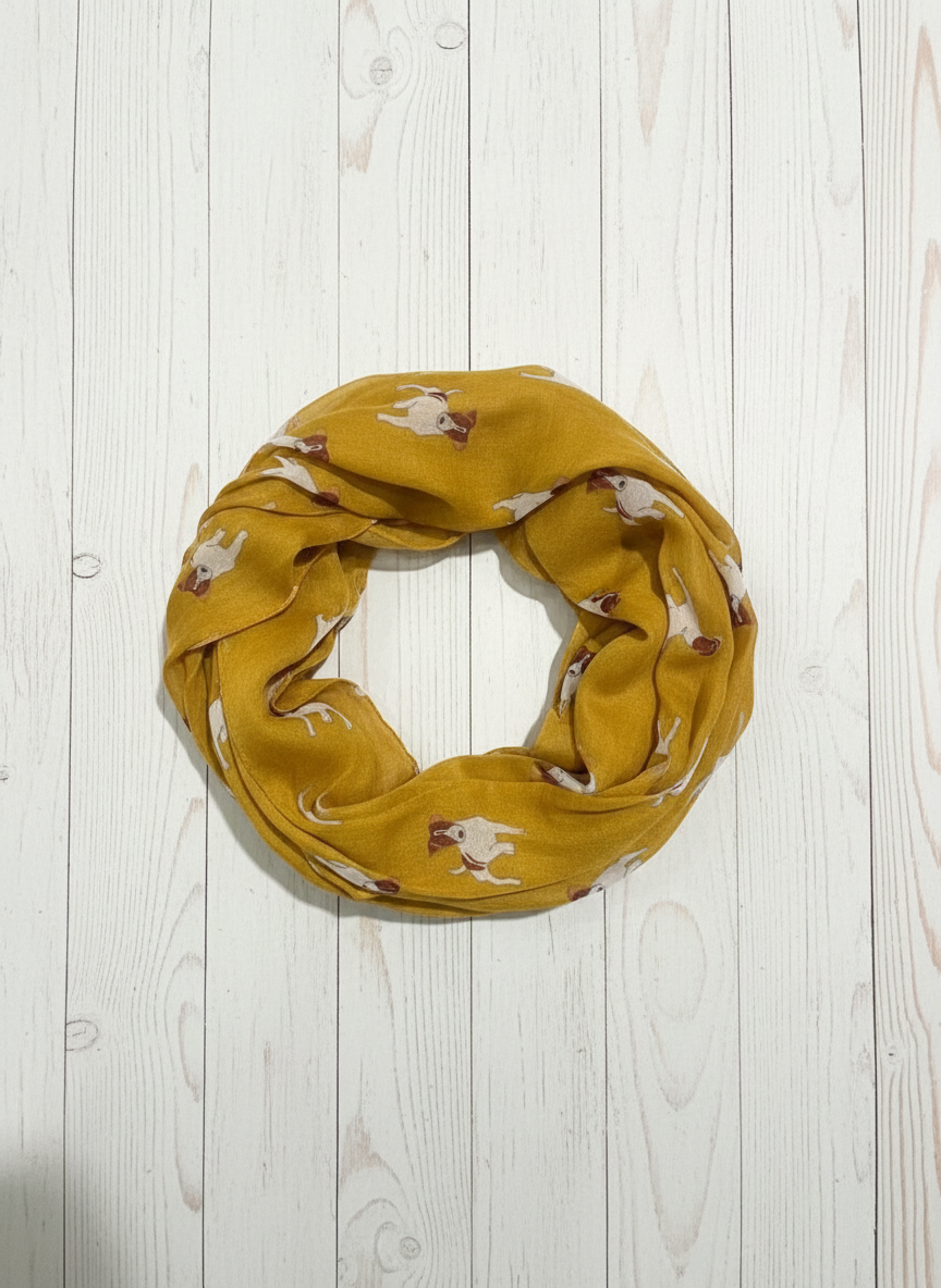Jack Russell Terrier Infinity Scarf | Mustard Yellow Dog Print Snood | Lightweight Chiffon Loop Scarf | Dog Lover Gift